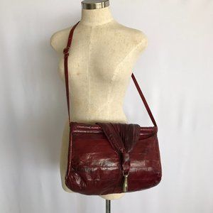 Vintage 80's Dark Red Eel Skin Leather Large Shoulder Crossbody Bag Purse